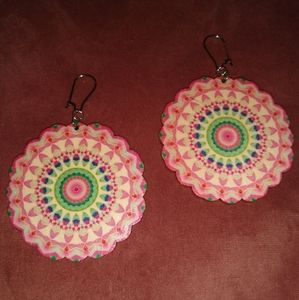 🌿2for$30 Wooden Flower Mandala Earrings Bohemian Round Wood Pink Green Festival